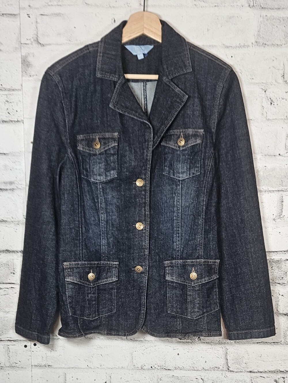Denver Hayes Dark Wash Denim Blazer Jacket Women's Large Stretch Casual